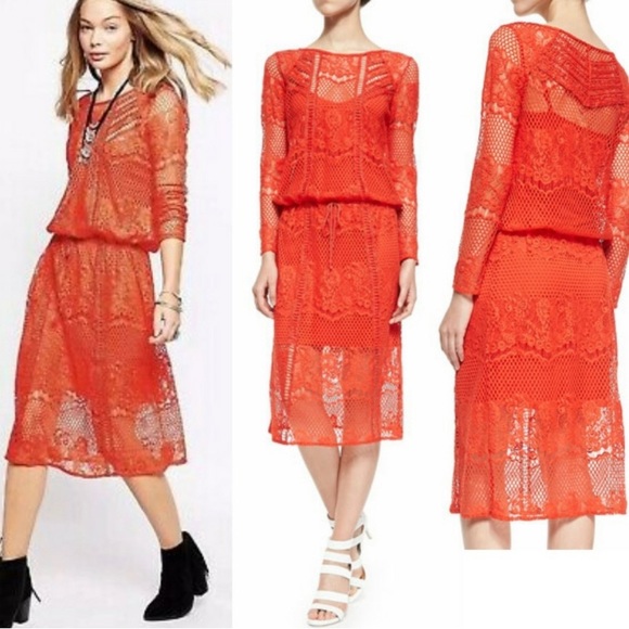 NWT Free People Pimento Red XS Lace Midi Dress - Picture 1 of 12
